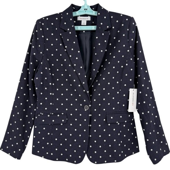 Liz Claiborne Women's Linen Blend Navy/White Dot Blazer Size 6 Notch Lapel NWT - Picture 1 of 12